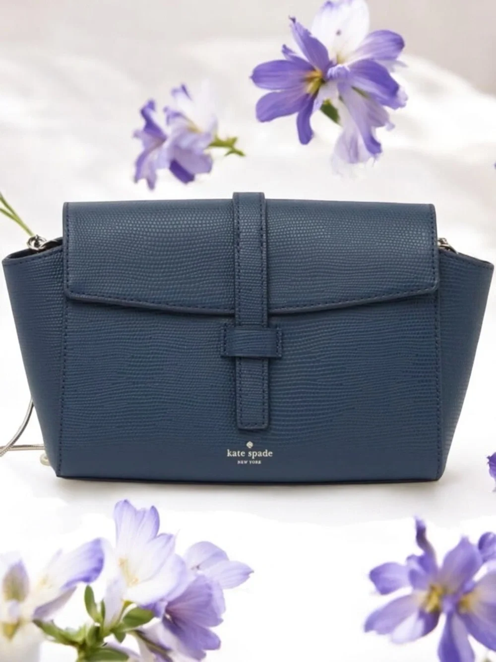 Kate Spade Riverside Emmie Petrol Blue Lizard Crossbody Bag | Silver Chain